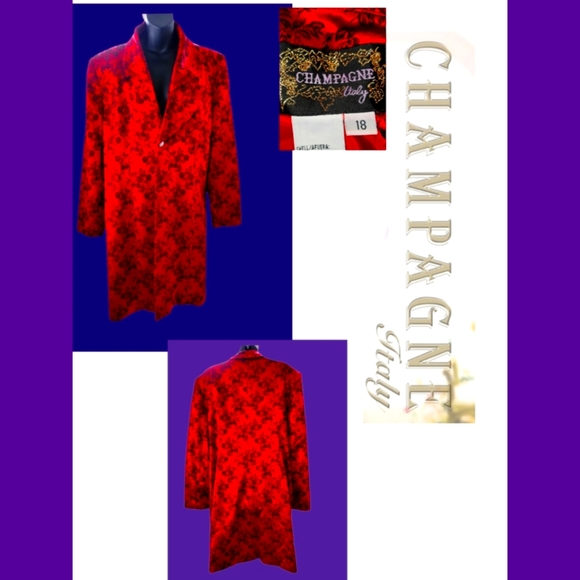 CHAMPAGNE ITALY Jackets & Blazers - CHAMPAGNE ITALY REDSATIN WITH BLACK FLORAL PRINT DESIGNER DRESS COAT SIZE 18